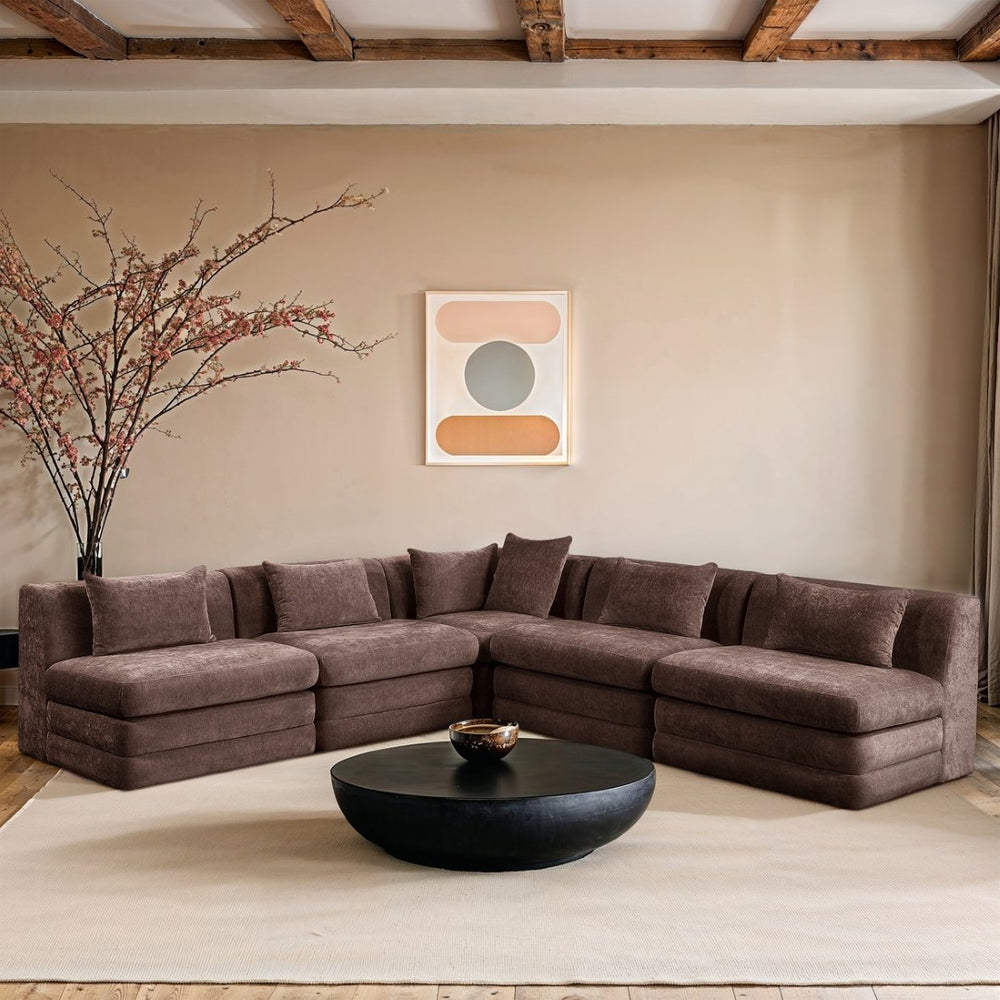 Meridian Furniture Stellar Five Piece Chenille Modular Sectional Solid Wood Frame Living Room Sofa 608Brown-Sec5B