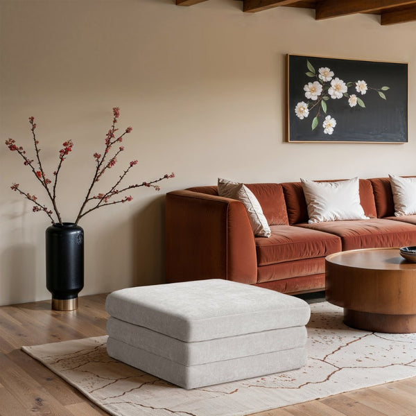 Meridian Furniture Stellar Chenille Upholstered Modular Ottoman Plush Sectional Seating for Contemporary Living Rooms Cream 608Cream-Ott
