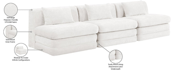 Meridian Furniture Stellar Three Piece Modular Sofa Plush Chenille Upholstery Open Living Room Anchor 608Cream-S114A