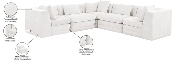Meridian Furniture Stellar Five Piece Chenille Modular Sectional Plush Cloud Comfort for Living Rooms 608Cream-Sec5C