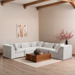 Meridian Furniture Stellar Five Piece Chenille Modular Sectional Plush Cloud Comfort for Living Rooms 608Cream-Sec5C
