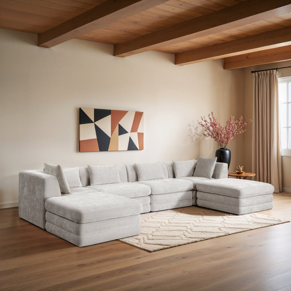 Meridian Furniture Stellar Six Piece Chenille Modular Sectional Plush Upholstered Sofa for Large Living Rooms 608Cream-Sec6B