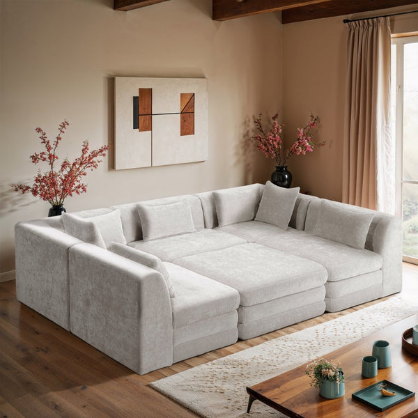 Meridian Furniture Stellar Six Piece Modular Sectional Plush Chenille Upholstery Large Living Room Sofa 608Cream-Sec6C