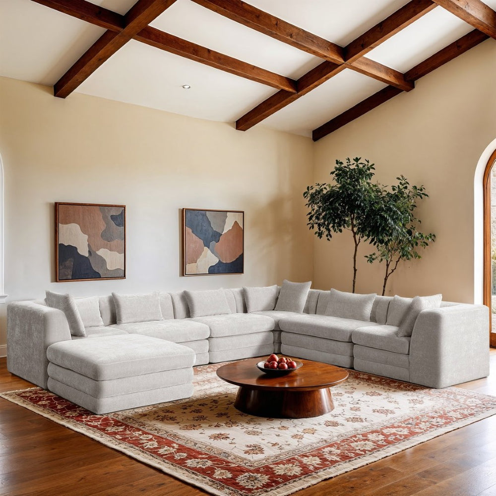 Meridian Furniture Stellar Seven Piece Modular Sectional Cream Chenille Sofa for Open Plan Living Rooms 608Cream-Sec7A
