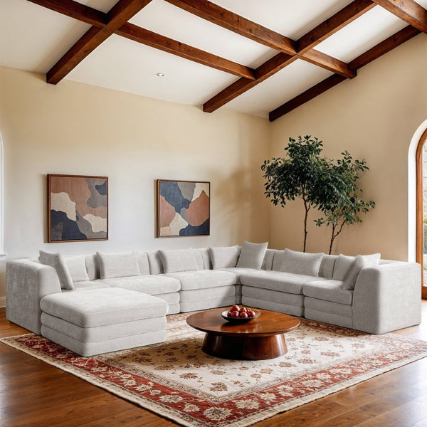 Meridian Furniture Stellar Seven Piece Modular Sectional Cream Chenille Sofa for Open Plan Living Rooms 608Cream-Sec7A