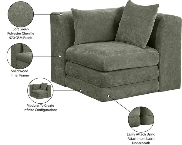 Meridian Furniture Stellar Plush Chenille Upholstered Modular Corner Accent Chair for Contemporary Living Rooms Green 608Green-Corner