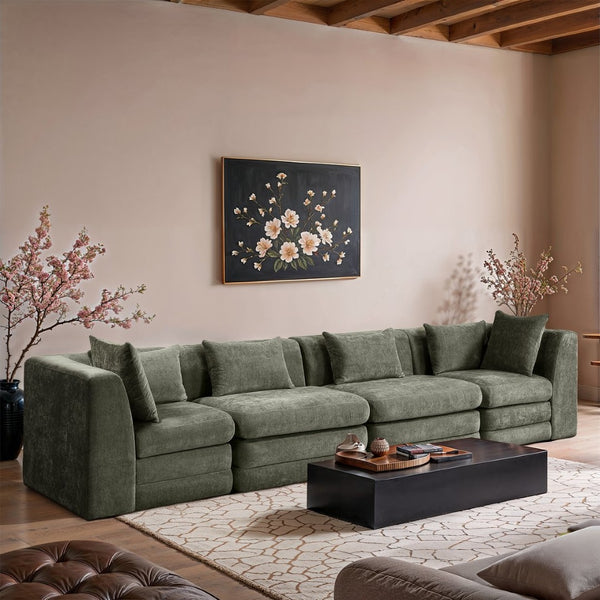 Meridian Furniture Stellar Four Piece Modular Sofa Plush Green Chenille Living Room Sectional Set 608Green-S152B