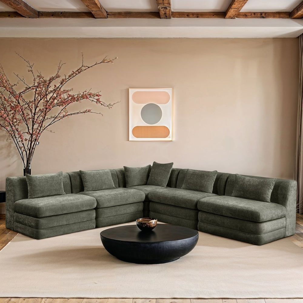 Meridian Furniture Stellar Five Piece Modular Sectional in Plush Chenille for Open Living Rooms 608Green-Sec5B