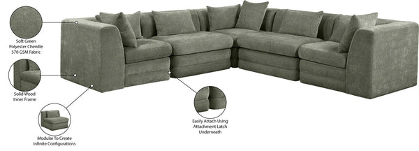 Meridian Furniture Stellar Five Piece Modular Sectional Plush Chenille Fabric Organic Green Living Room 608Green-Sec5C