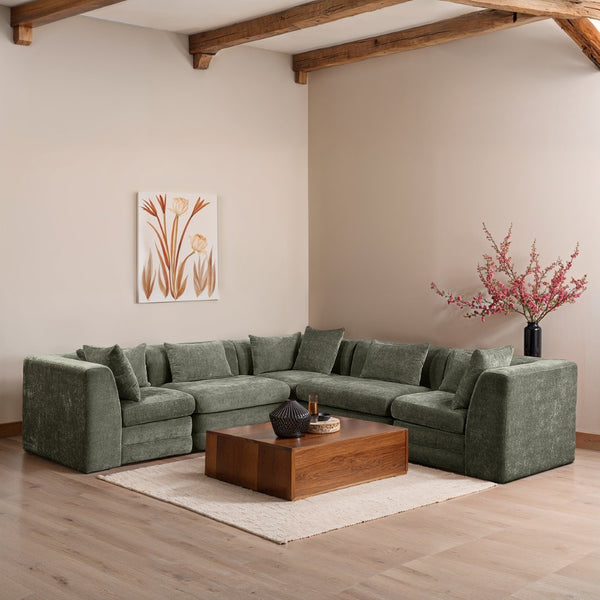 Meridian Furniture Stellar Five Piece Modular Sectional Plush Chenille Fabric Organic Green Living Room 608Green-Sec5C