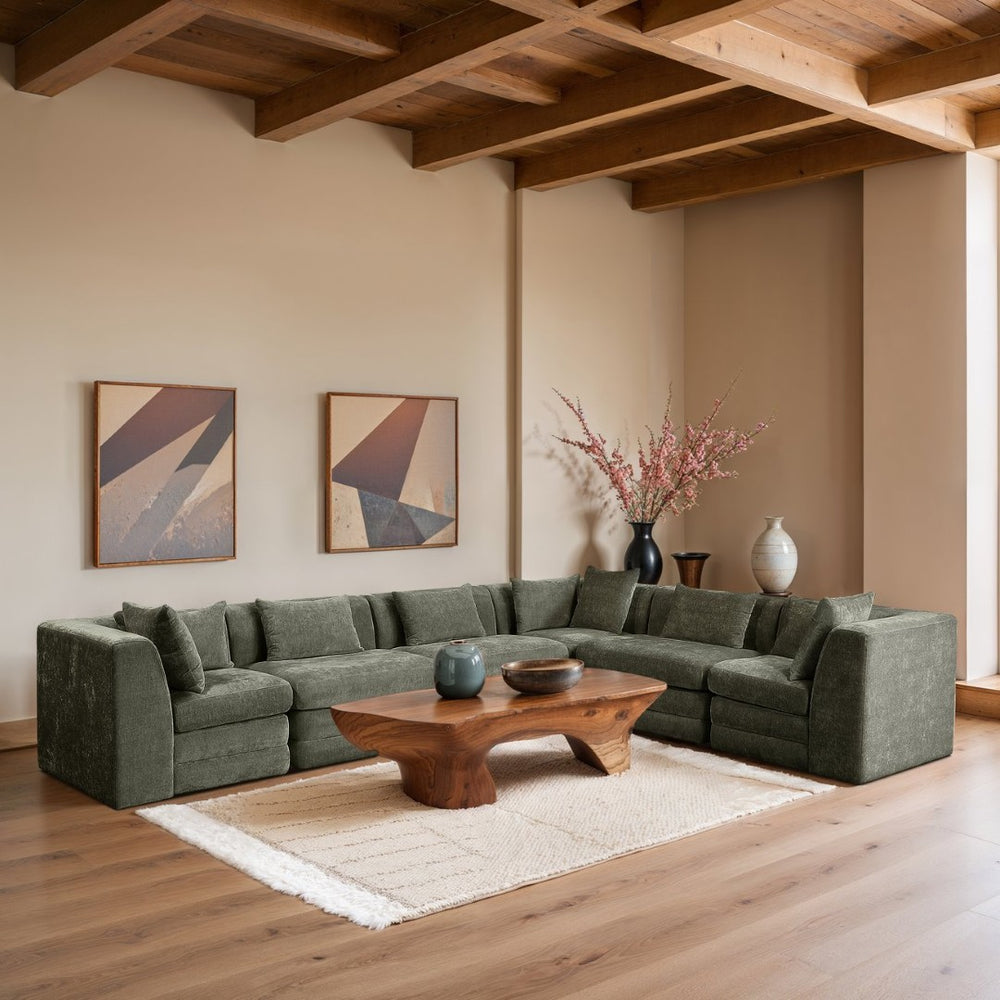 Meridian Furniture Stellar Six Piece Modular Sectional Soft Chenille Low Profile Living Room Sofa Set 608Green-Sec6A
