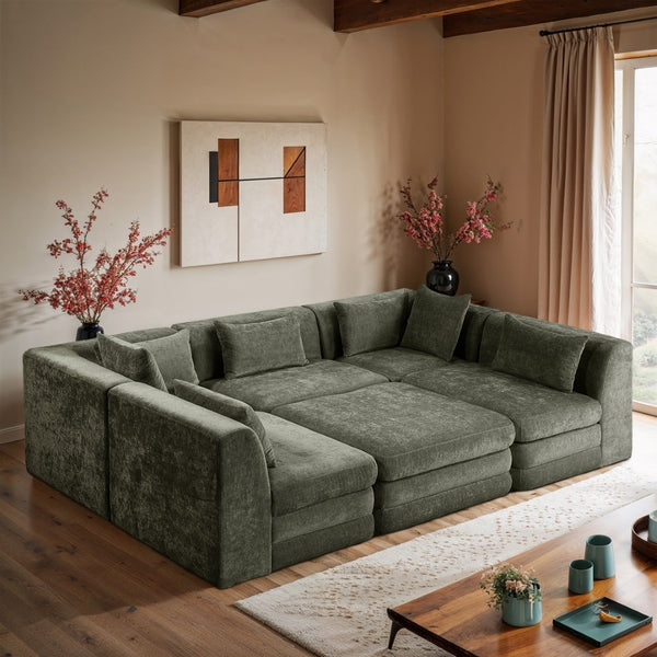 Meridian Furniture Stellar Six Piece Modular Sectional Chenille Upholstered Sofa for Large Living Rooms 608Green-Sec6C