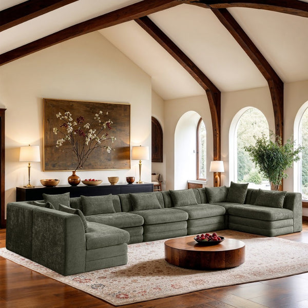 Meridian Furniture Stellar Seven Piece Modular Sectional Sage Chenille 190 Inch Living Room Sofa 608Green-Sec7B