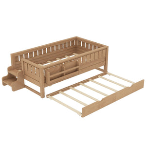 English Elm Twin Kids Platform Bed with Trundle Staircase Bookshelf and Rounded Safety Rails Natural W1580S00558
