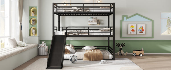 English Elm Queen Metal Triple Bunk Bed With Slide - Space-Saving, Heavy-Duty Design, Safety Guardrails In Black W1580S00172-GIGA