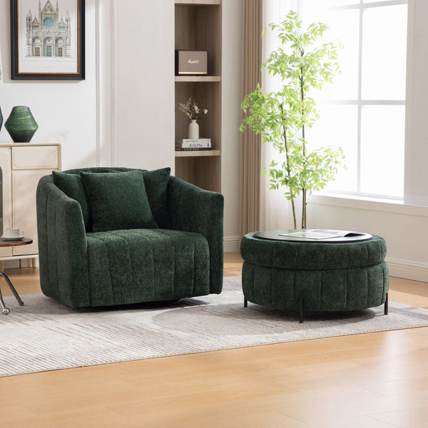 English Elm 39"w Swivel Barrel Club Chair with Channel Tufted Chenille and Round Storage Ottoman Set Green W3118S00049