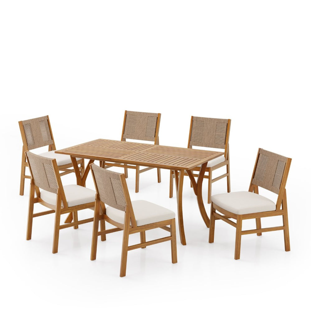 English Elm Outdoor Acacia Wood 7 Piece Dining Set with Wicker Chairs and Weather Cushions N773OD00087B