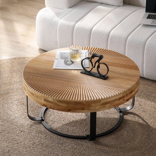 English Elm Modern Round Pine Coffee Table with Carved Wood Top and Sleek Metal Legs for Stylish Living Spaces Natural+Black W757P186923