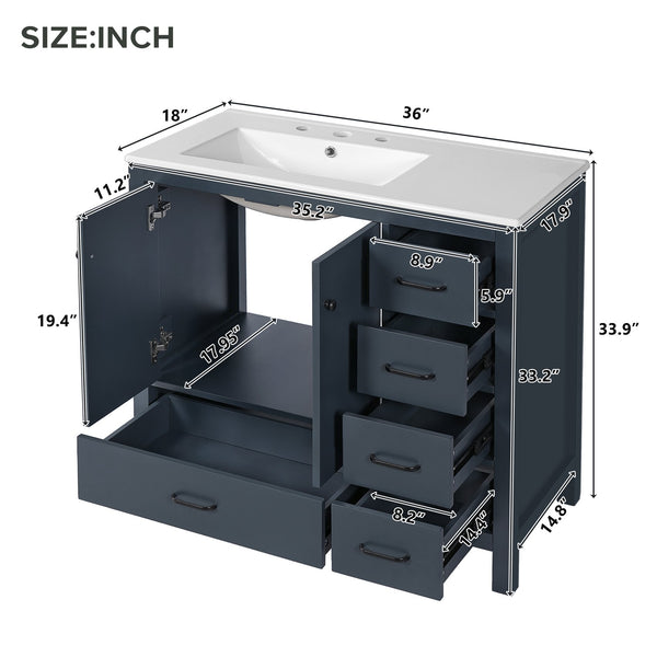 English Elm 36" Blue Bathroom Vanity with Ceramic Sink, 5 Drawers & Soft-Close Doors, Solid Wood Modern Storage N729P183735C