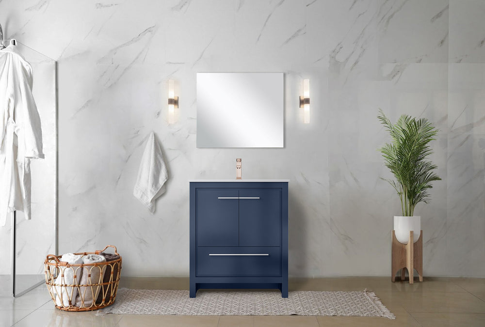 English Elm Navy Blue Bath Vanity Set With White Quartz Top, Rose Gold Faucet & Matching 28" Mirror For Style B2731S02046