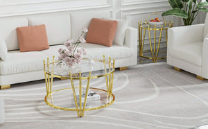 English Elm 31.5inch Modern Luxury Gold Coffee Table with Two-Tier Storage, Tempered Glass Top, Elegant Crown Design Clear W1550P171448