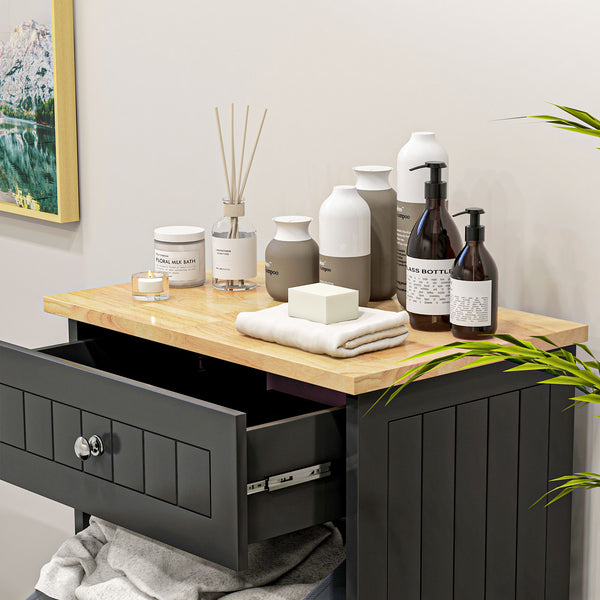 English Elm HOMCOM Tilt-Out Kitchen Trash Cabinet with Drawer and Oak Top Space-Saving Pet-Safe Organizer Black W2225P229386