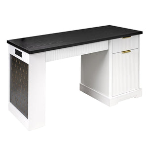 English Elm 55" Fluted White Computer Desk with Power Outlet Pegboard Cabinet and Keyboard Tray W2917P396008