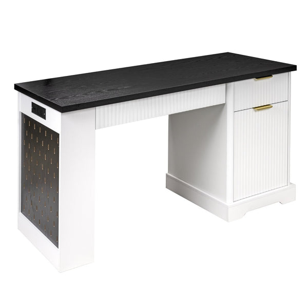 English Elm 55" Fluted White Computer Desk with Power Outlet Pegboard Cabinet and Keyboard Tray W2917P396008