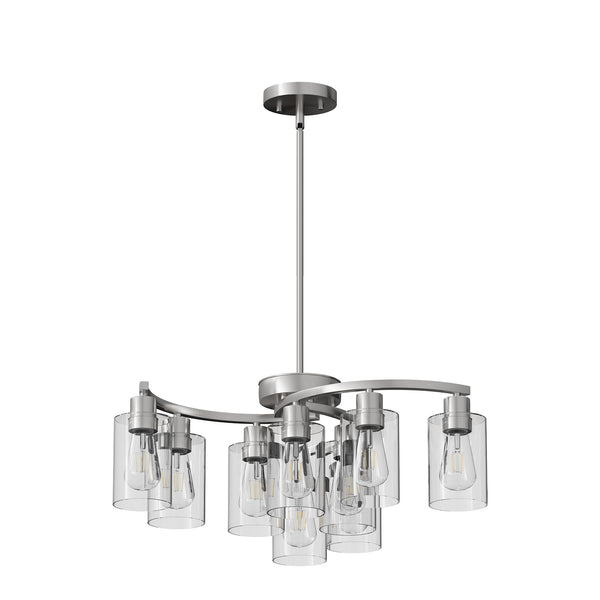 English Elm 9-Light Modern Farmhouse Chandelier with Clear Glass Shades, Adjustable Height, Industrial Iron Fixture Chrome W2312P374988