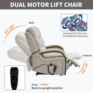 English Elm Power Lift Recliner Chair Chenille Upholstery Dual Motor Heat Massage Solid Wood Arms Beige W1803S00077