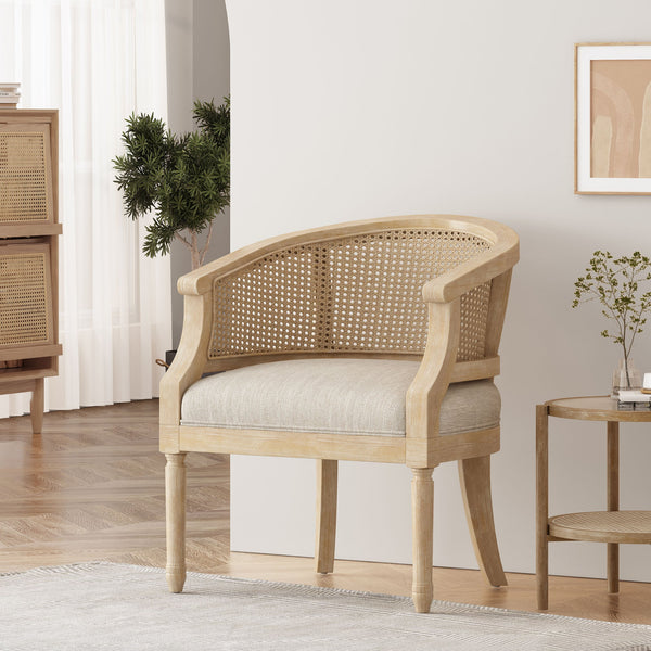 English Elm Christopher Knight Home® - Accent Chair French Country Rubber Wood Frame with Cane Webbing, Weathered Finish & Plush Foam Seat Beige+Natural N779P233048B