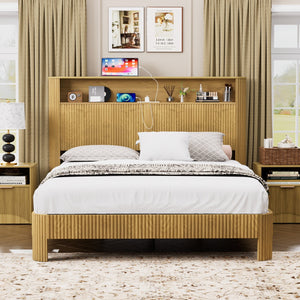 English Elm Queen Modern queen storage bed with wavy headboard, built-in USB charging, silent metal support system Natural W1162P357260
