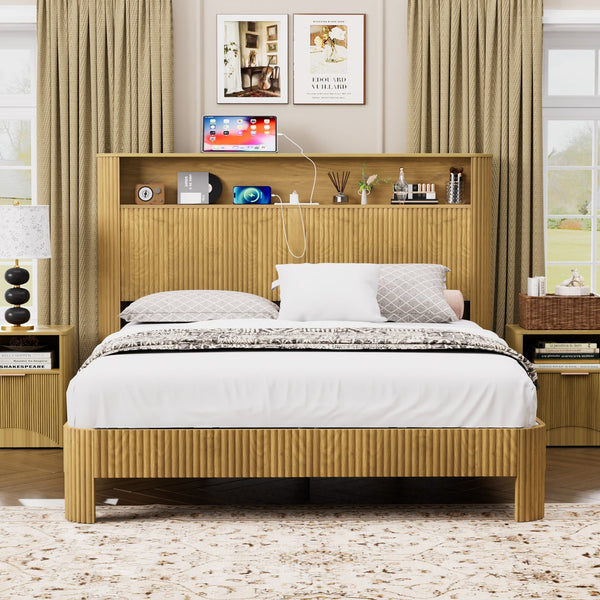 English Elm Queen Modern queen storage bed with wavy headboard, built-in USB charging, silent metal support system Natural W1162P357260
