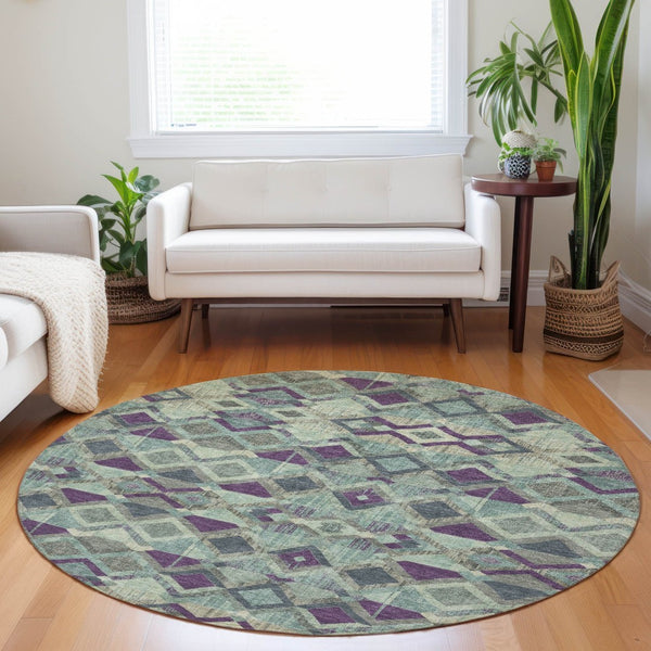 HomeRoots 5' Bold Blue and Purple Geometric Washable Area Rug for Indoor and Outdoor Stylish Living Spaces 8' Round 609004