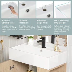 English Elm 21.6" Wood Bathroom Vanity with Ceramic Sink, Right Side Storage, Gold Legs, Soft-Close Doors, Modern SV000006AAD