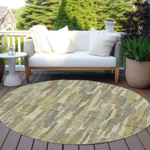 HomeRoots 5' Artichoke Green and Ivory Striped Area Rug - Durable, Washable Design for Indoor and Outdoor Use 8' Round 609026