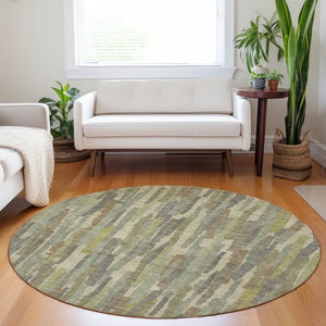 HomeRoots 5' Artichoke Green and Ivory Striped Area Rug - Durable, Washable Design for Indoor and Outdoor Use 8' Round 609026