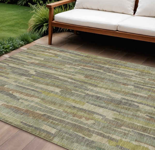 HomeRoots 5' Artichoke Green and Ivory Striped Area Rug - Durable, Washable Design for Indoor and Outdoor Use 10' X 14' 609029