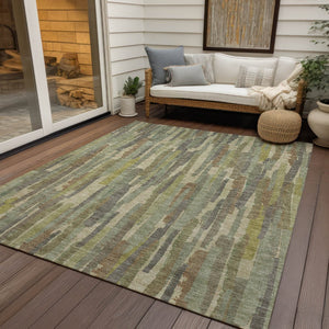 HomeRoots 5' Artichoke Green and Ivory Striped Area Rug - Durable, Washable Design for Indoor and Outdoor Use 10' X 14' 609029