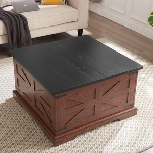 English Elm Farmhouse Rustic Coffee & End Table Set with Hinged Lift Top, Oak Grain MDF, Black Metal Accents W2275S00012