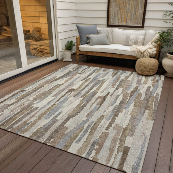 HomeRoots 5' Washable Ivory and Beige Striped Area Rug – Perfect for Indoor and Outdoor Durability and Style! 5' X 8' 609037