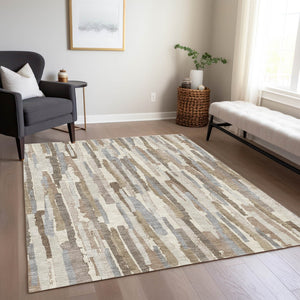 HomeRoots 5' Washable Ivory and Beige Striped Area Rug – Perfect for Indoor and Outdoor Durability and Style! 5' X 8' 609037