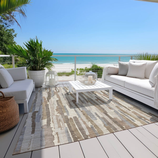 HomeRoots 5' Washable Ivory and Beige Striped Area Rug – Perfect for Indoor and Outdoor Durability and Style! 5' X 8' 609037