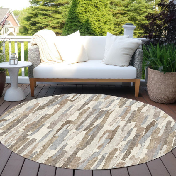HomeRoots 5' Washable Ivory and Beige Striped Area Rug – Perfect for Indoor and Outdoor Durability and Style! 8' Round 609038