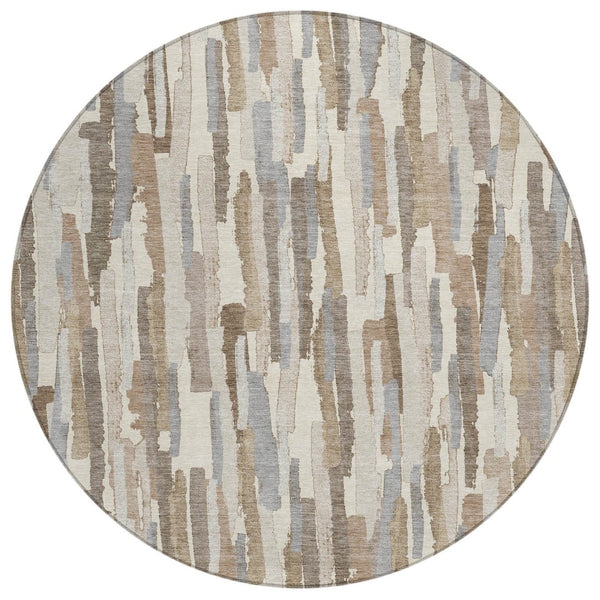HomeRoots 5' Washable Ivory and Beige Striped Area Rug – Perfect for Indoor and Outdoor Durability and Style! 8' Round 609038