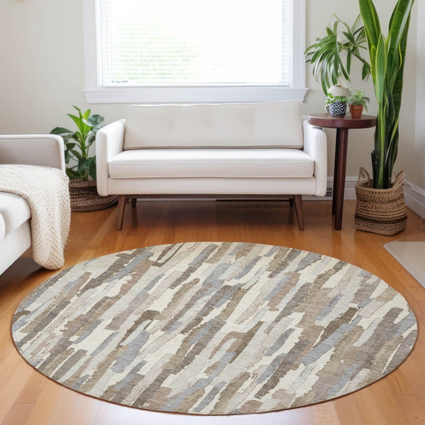 HomeRoots 5' Washable Ivory and Beige Striped Area Rug – Perfect for Indoor and Outdoor Durability and Style! 8' Round 609038