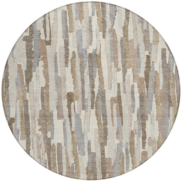 HomeRoots 5' Washable Ivory and Beige Striped Area Rug – Perfect for Indoor and Outdoor Durability and Style! 8' Round 609038
