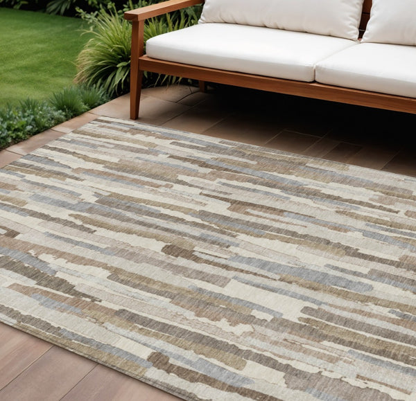 HomeRoots 5' Washable Ivory and Beige Striped Area Rug – Perfect for Indoor and Outdoor Durability and Style! 8' X 10' 609039
