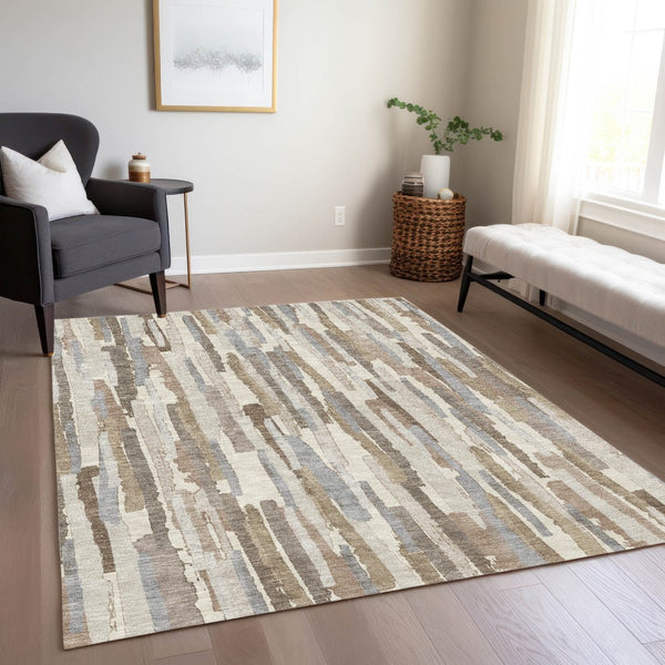 HomeRoots 5' Washable Ivory and Beige Striped Area Rug – Perfect for Indoor and Outdoor Durability and Style! 8' X 10' 609039