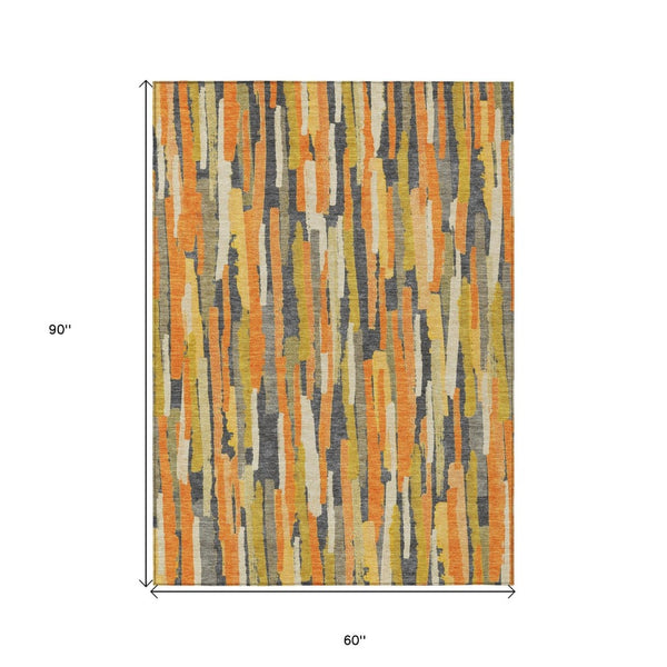 HomeRoots 5' Vibrant Orange and Beige Striped Washable Area Rug – Durable, Stylish for Indoor/Outdoor Spaces 5' X 8' 609043